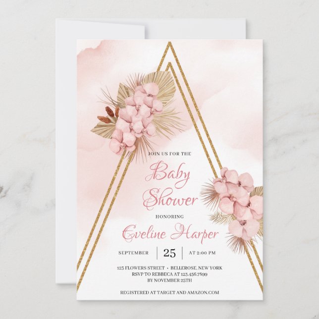 Trendy Dried Palm Blush Pink Orchid Baby Shower  I Invitation (Front)