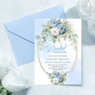 Trendy Dusty Blue Flowers Gold Bridal Shower Card