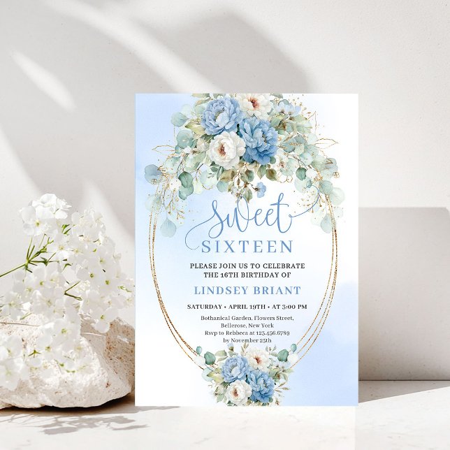 Trendy Dusty Blue Peonies Gold Sweet Sixteen Party Invitation (Trendy Dusty Blue Peonies Gold Sweet Sixteen Party Invite)