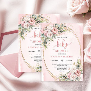 Trendy Dusty Pink Floral Eucalyptus Girl Baby Show Invitation