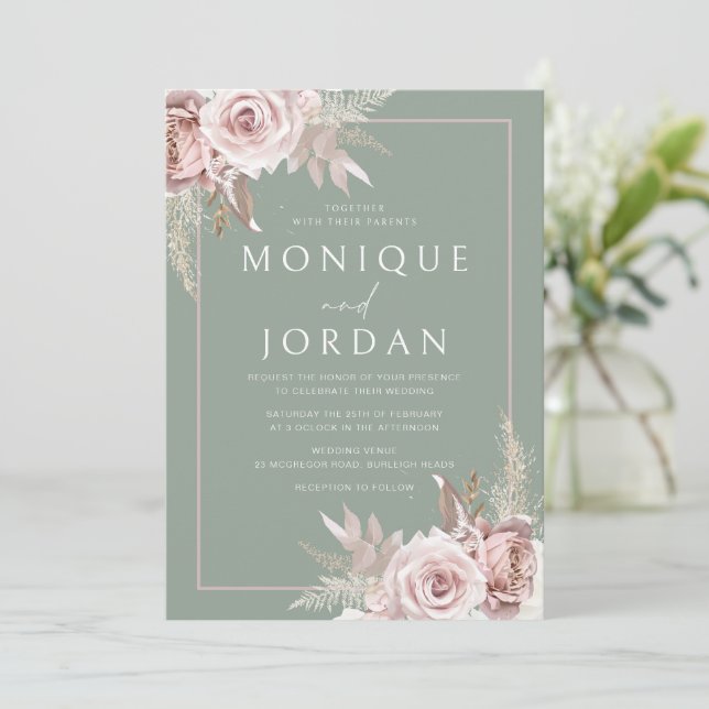 Trendy Dusty Rose Blush & Sage Wedding Invitation (Standing Front)