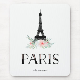 Trendy Eiffel Tower and Blush Pink Flowers Paris Mouse Pad