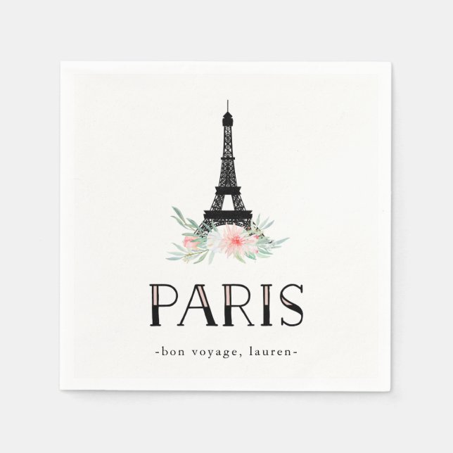 Trendy Eiffel Tower and Blush Pink Flowers | Paris Napkin (Front)