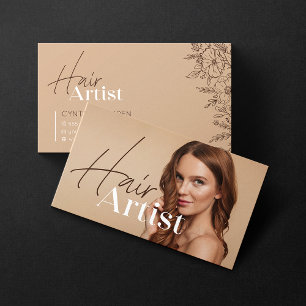 Trendy Elegant Biege Hairstylist Photo Script Business Card