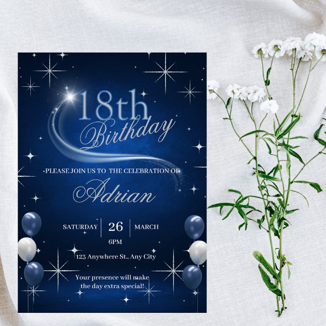 Trendy Elegant Blue Silver Birthday  Invitation (Creator Uploaded)