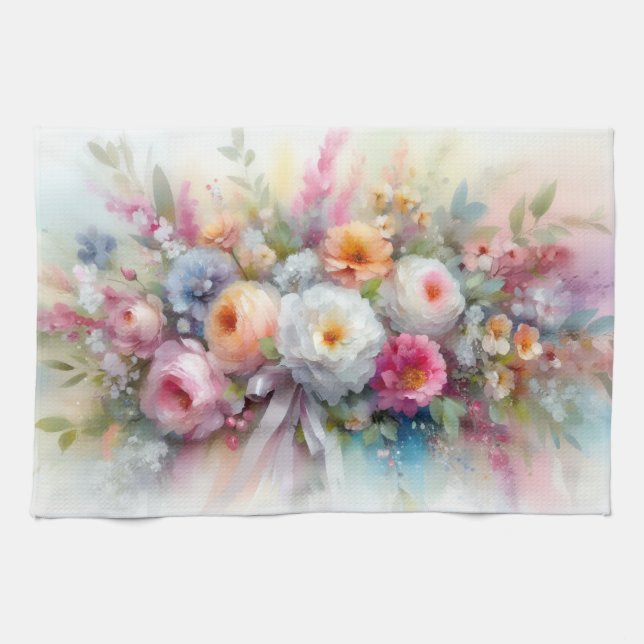 Trendy Elegant Colorful Watercolor Aquarell Flower Tea Towel (Horizontal)