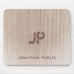 Trendy Elegant Distressed Text Monogram Wood Look Mouse Pad