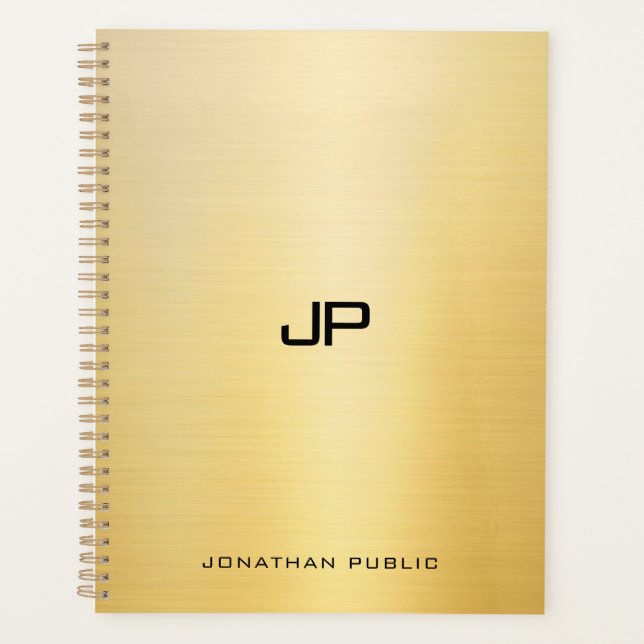 Trendy Elegant Faux Gold Modern Monogram Name Planner (Front)