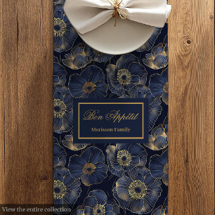 Trendy Elegant Navy and Gold Floral Table Setting Medium Table Runner