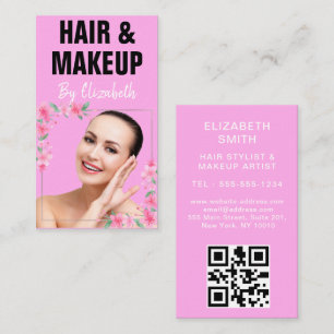 Trendy Elegant Pink Hairstylist Photo qr code Business Card