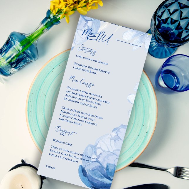 Trendy Elegant Pretty Blue Floral Wedding Party Menu (Trendy Elegant Pretty Blue Floral Wedding Party Menu)