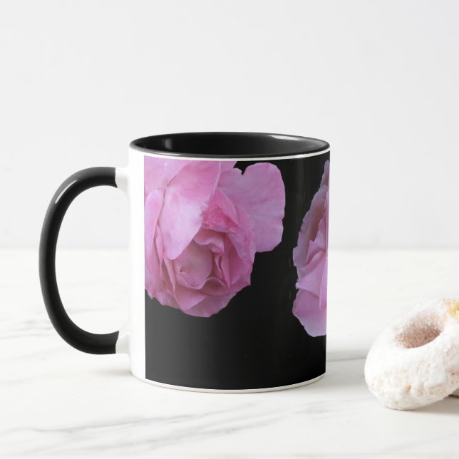Trendy elegant pretty pink rose floral boho black  mug (With Donut)
