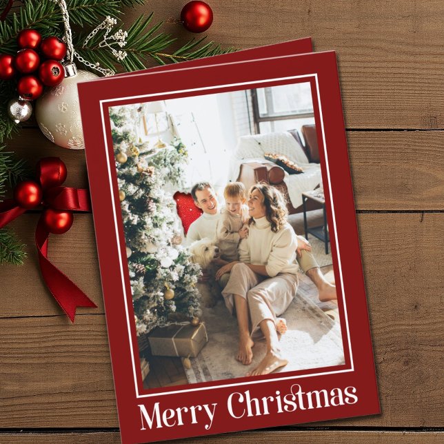 Trendy Elegant Red 2 photo Family Merry Christmas Holiday Card (Creator Uploaded)