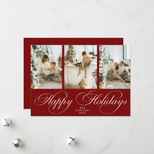 Trendy Elegant Script 3 Photo Collage Christmas Holiday Card