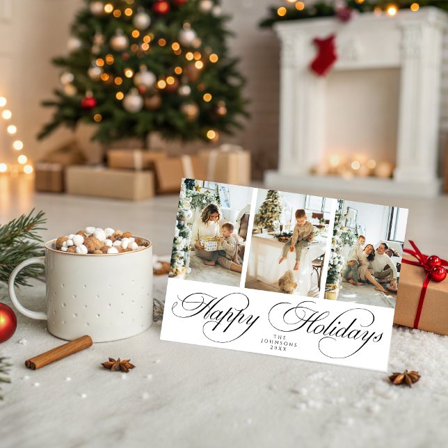 Trendy Elegant Script 3 Photo Collage Christmas Holiday Card (Creator Uploaded)