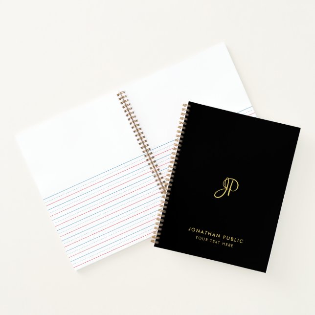 Trendy Elegant Script Monogrammed Black And Gold Notebook (Inside)