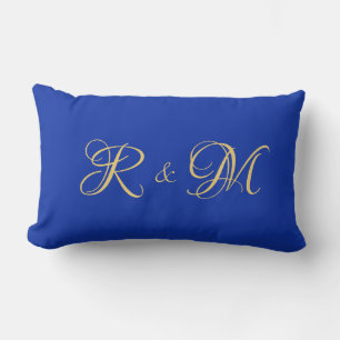 Trendy Elegant Solid Royal Blue Couple Initials Lumbar Cushion