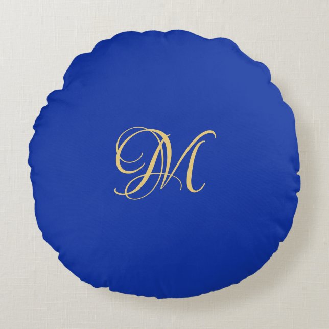 Trendy Elegant Solid Royal Blue Name Monogram Round Cushion (Front)