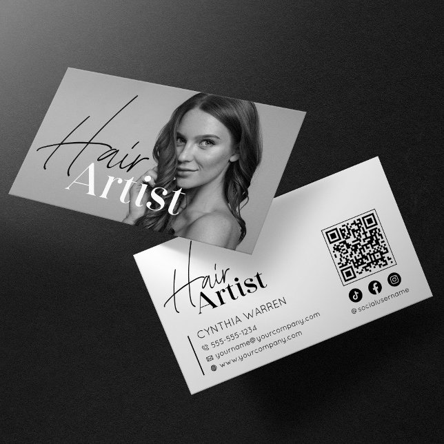 Trendy Elegant White Hairstylist Photo QR Code Business Card (Creator Uploaded)