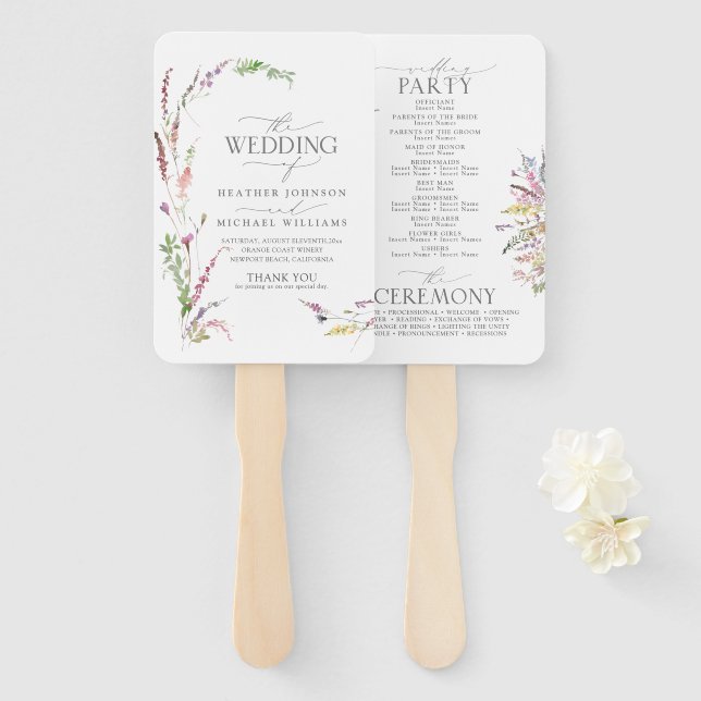 Trendy Elegant Wildflower Floral Wedding Program Hand Fan (Front and Back)
