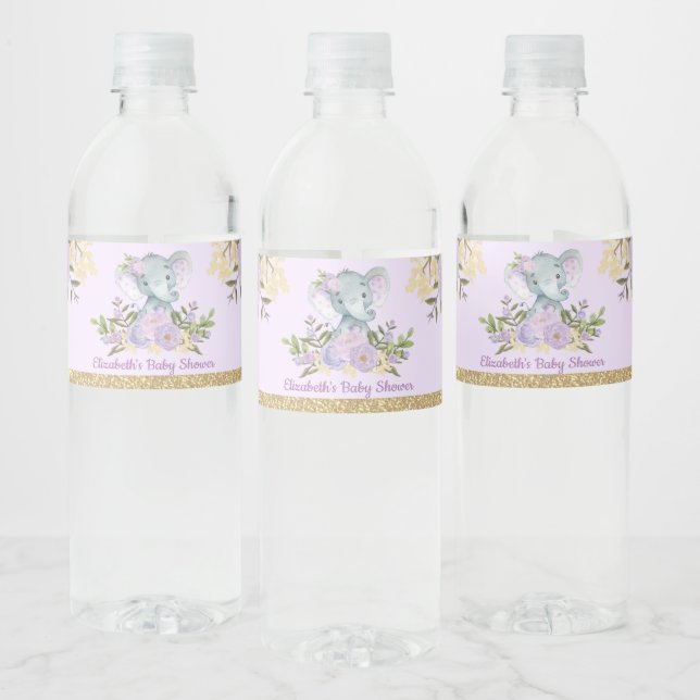 Trendy Elephant Baby Shower Purple Gold Floral Water Bottle Label (Bottles)