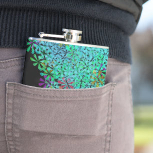 Trendy Emerald Green Fractal on Black Hip Flask