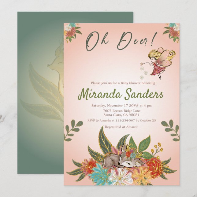 Trendy Enchanted Sweet Deer Woodland Wild Animal Invitation (Front/Back)