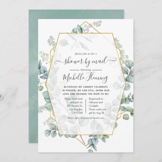 Trendy Eucalyptus Geometric Baby Shower by Mail Invitation (Front/Back)