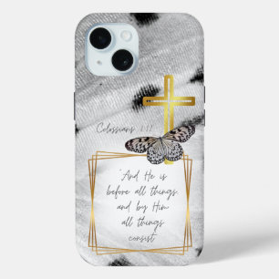Trendy Faith Black White Butterfly Gold Cross iPhone 15 Case