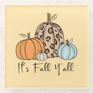 Trendy Fall Pumpkin “It’s Fall Y’all” Quote Glass Coaster