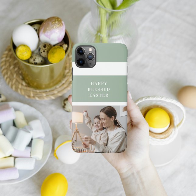 Trendy Family Photo | Green Happy Blessed Easter  iPhone Case (Creator Uploaded)