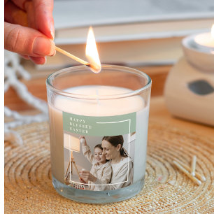 Trendy Family Photo Green Happy Blessed Easter Square Sticker