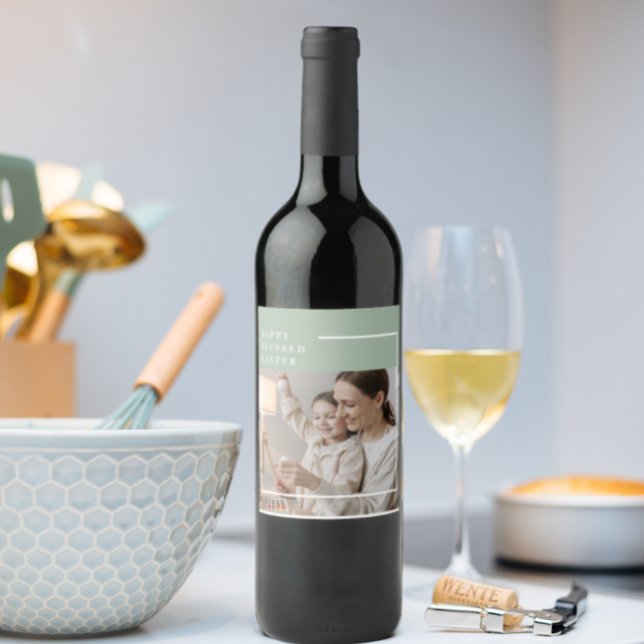 Trendy Family Photo | Green Happy Blessed Easter  Wine Label (Creator Uploaded)