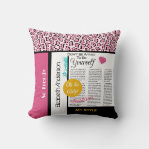 Trendy Fashion Newsprint Pink Leopard and Name Cushion