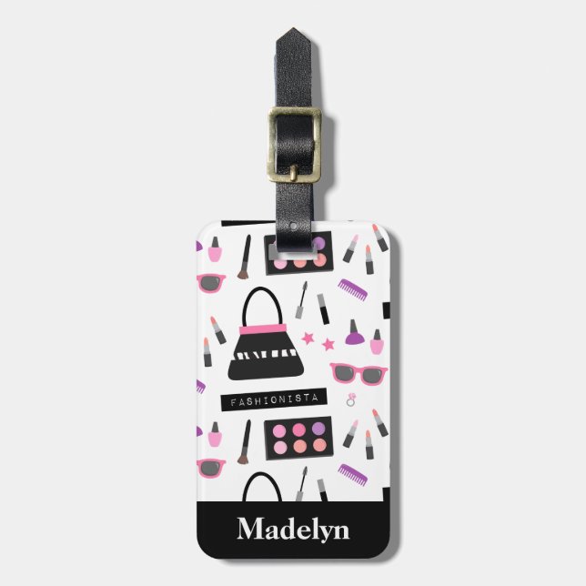 Trendy Fashionista Makeup Girls Name Luggage Tag (Front Vertical)