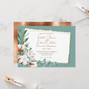 Trendy Faux Copper Foil Cotton Buds Teal Wedding Invitation