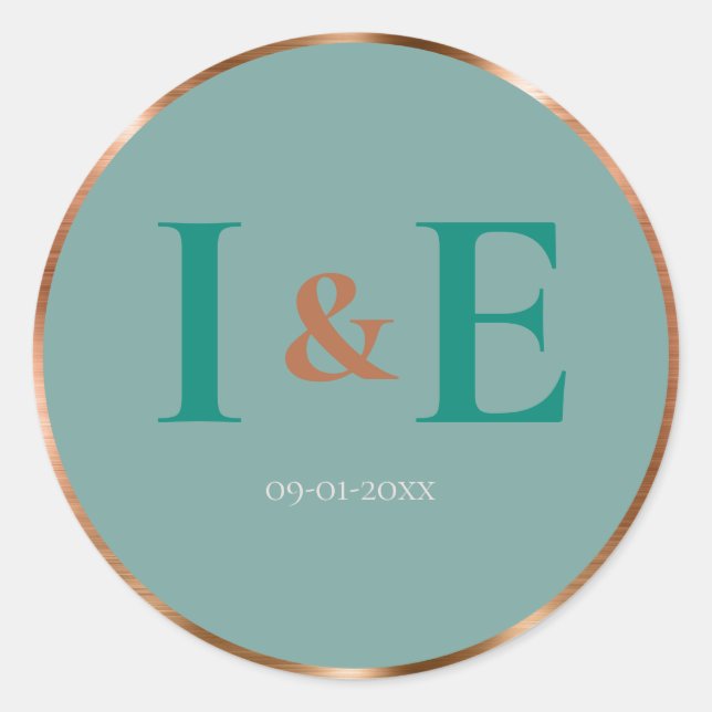 Trendy Faux Copper Foil Frame Teal Text Wedding Classic Round Sticker (Front)
