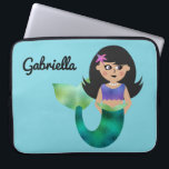 Trendy Faux Foil Latino Mermaid Personalised Kids Laptop Sleeve<br><div class="desc">Trendy Faux Foil Latino Mermaid Personalised Kids Laptop Case. Pretty blue background like the ocean. Adorable little mermaid with faux foil green tail, purple tank top and purple and pink starfish in her dark black hair. Personalise with name in pretty script. Edit to change font choices. Coordinating mermaid, merman, and...</div>