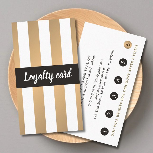 Trendy Faux Gold Black Stripes Beauty Loyalty Card (Creator Uploaded)