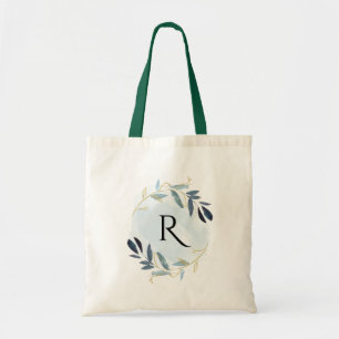 TRENDY FAUX GOLD BLUE FOLIAGE WATERCOLOR MONOGRAM TOTE BAG