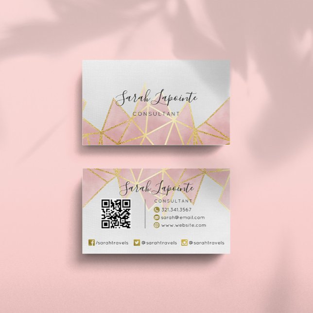 Trendy Faux Gold & Rose Pink Geometric QR code Business Card (Creator Uploaded)