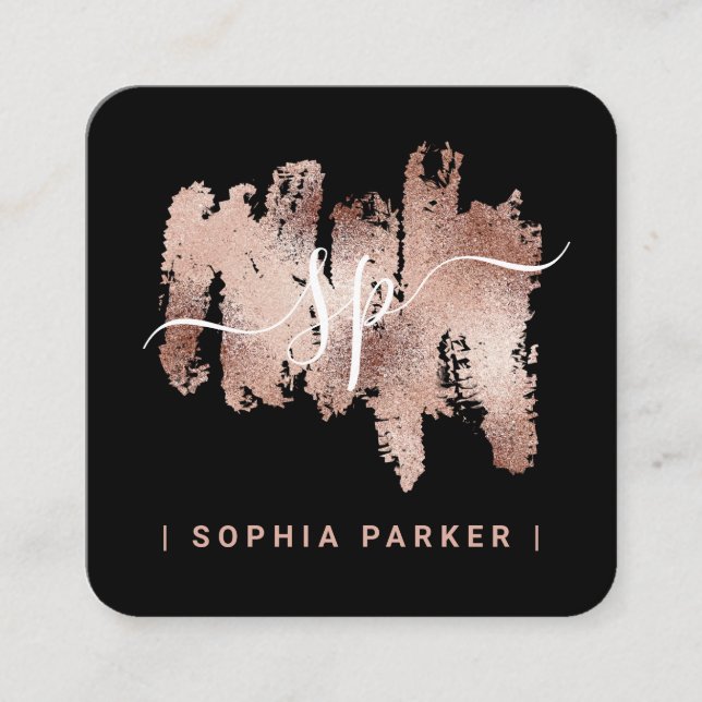Trendy Faux Rose Gold on Black | Monogram Square Business Card (Front)