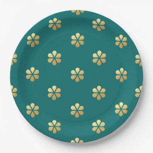 Trendy Festive Christmas Teal & Gold Daisy  Paper Plate