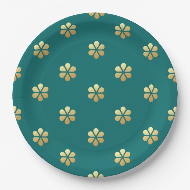 Trendy Festive Christmas Teal & Gold Daisy  Paper Plate (Front)