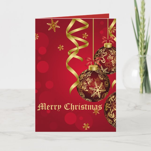 Trendy Festive Red & Golden Christmas Ornaments Holiday Card (Front)