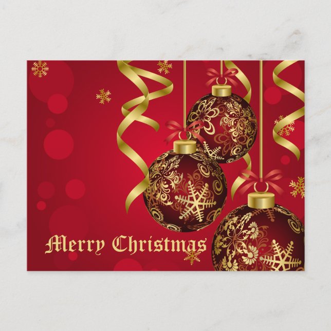 Trendy Festive Red & Golden Christmas Ornaments Holiday Postcard (Front)
