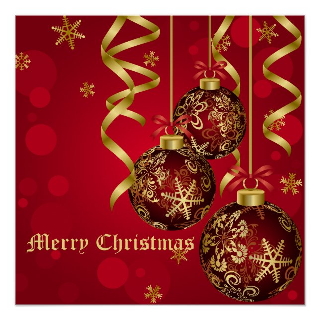 Trendy Festive Red & Golden Christmas Ornaments Poster (Front)