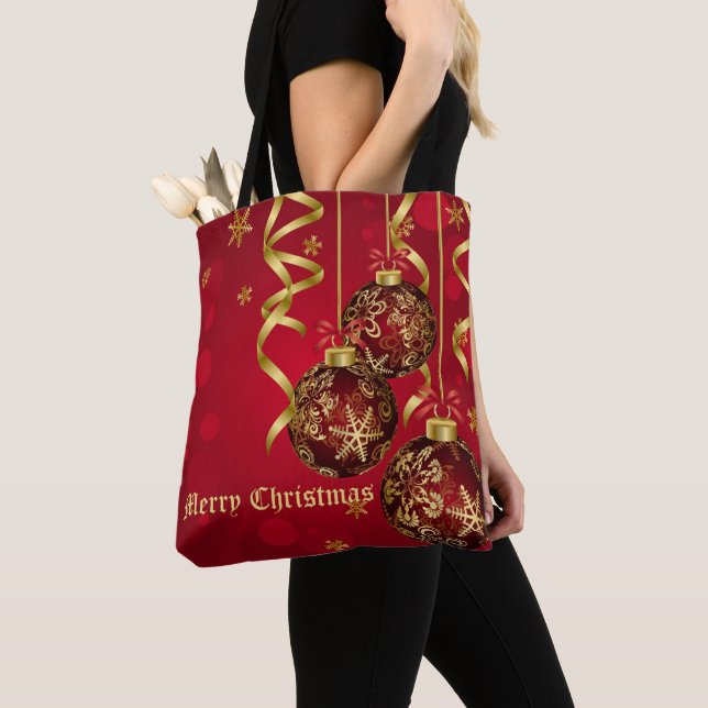 Trendy Festive Red & Golden Christmas Ornaments Tote Bag (Close Up)