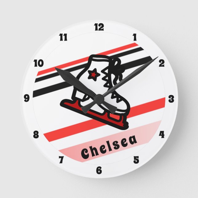 Trendy Figure Skating Girl Skates Personalised Red Round Clock (Front)