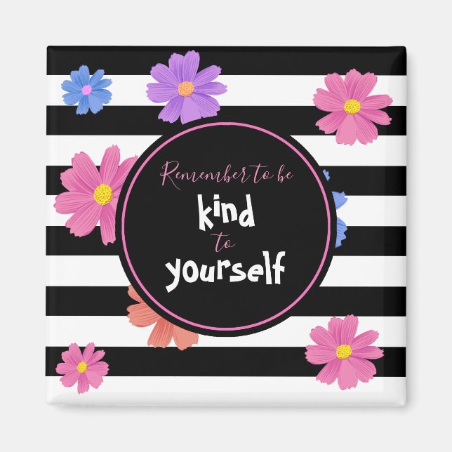 Trendy Floral Black & White Stripes Inspirational Magnet (Front)